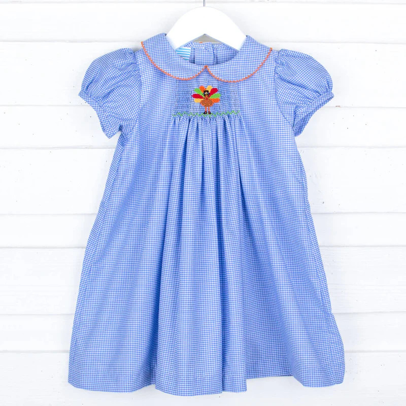 Turkey Single Blue Gingham Smocked Collared Bishop Dress | Classic Whimsy