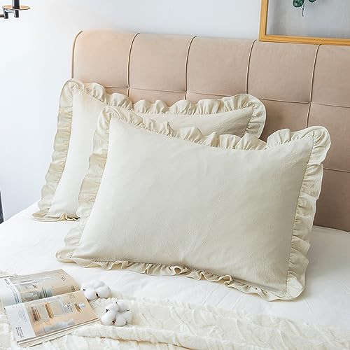 GLORY SEASON Pillow Shams Set of 2 Washed 100% Cotton Retro Ruffle Flounces Trim Solid Beige Decorative Pillow Cases for Home Bedroom Decor 20x26 Inch | Amazon (US)