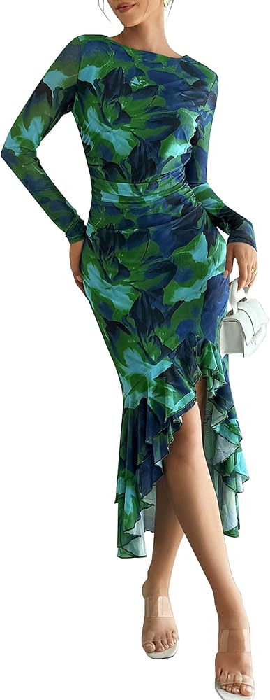 ECOWISH Women's Ruched Bodycon Maxi Dress 2025 Long Sleeve Ruffle Hem Mermaid Dress Formal Cockta... | Amazon (US)