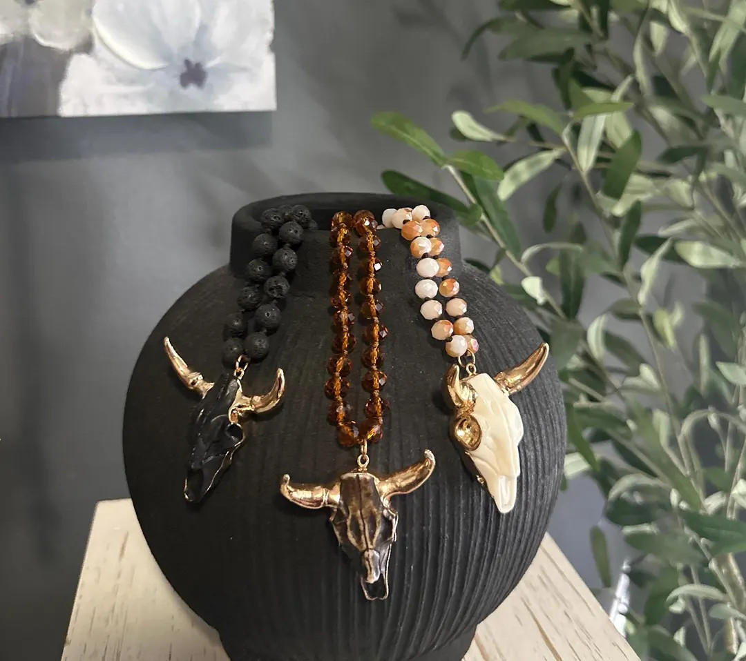 Longhorn Beaded Necklaces. Black Lava Beads, Champagne Beads or Light Brown Beads. - Etsy | Etsy (US)