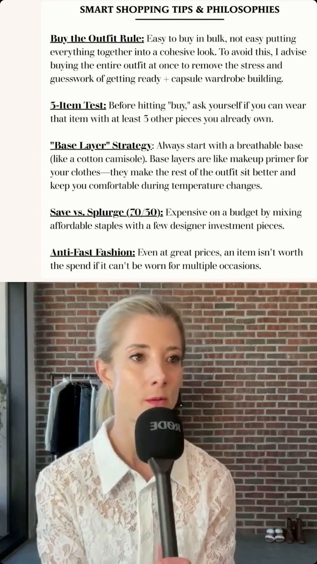 Smart Shopping Tips & Philosophies

1. Buy the Outfit Rule: Easy to buy in bulk, not easy putting everything together into a cohesive look. To avoid this, I advise buying the entire outfit at once to remove the stress and guesswork of getting ready + capsule wardrobe building.

2. 3-Item Test: Before hitting "buy," ask yourself if you can wear that item with at least 3 other pieces you already own.

3. “Base Layer" Strategy: Always start with a breathable base (like a cotton camisole). Base layers are like makeup primer for your clothes—they make the rest of the outfit sit better and keep you comfortable during temperature changes.

4. Save vs. Splurge (70/30): Expensive on a budget by mixing affordable staples with a few designer investment pieces.

5. Anti-Fast Fashion: Even at great prices, an item isn't worth the spend if it can't be worn for multiple occasions.

LTK day in my life LTK storytime and LTK smart shopping outfit and Amazon Shopping tips LTK grwm live on My Chic Style Live 

#LTKstorytime #LTKgrwm #LTKdayinmylife