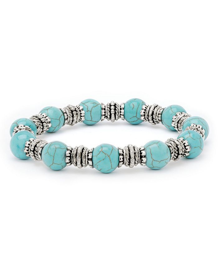 Macy's Simulated Turquoise in Silver Plated 10mm Round Stretch Bracelet & Reviews - Bracelets - J... | Macys (US)