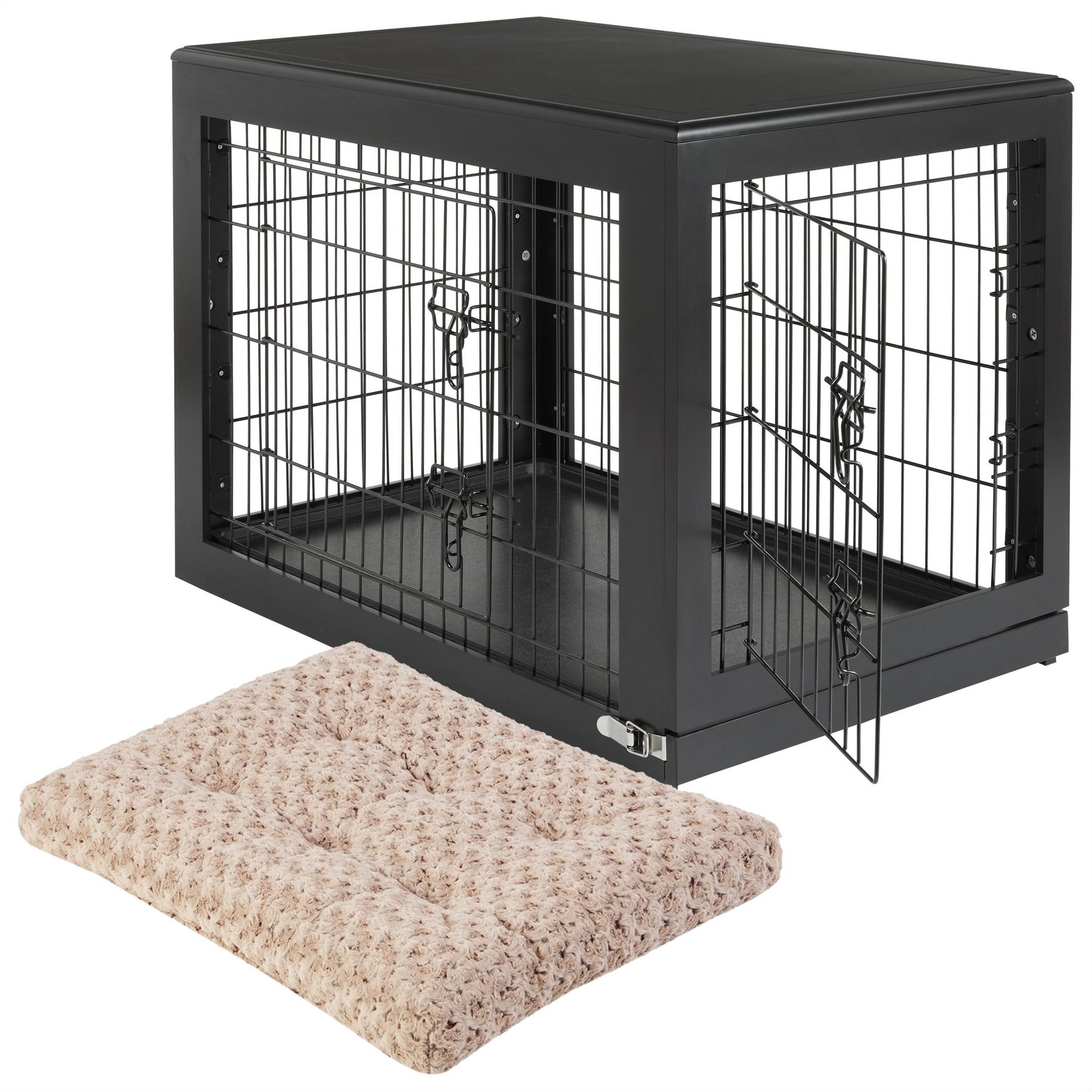 Frisco Double Door Furniture Style Crate, Black, Medium + Mocha Swirl Dog Crate Mat, 30-in | Chewy