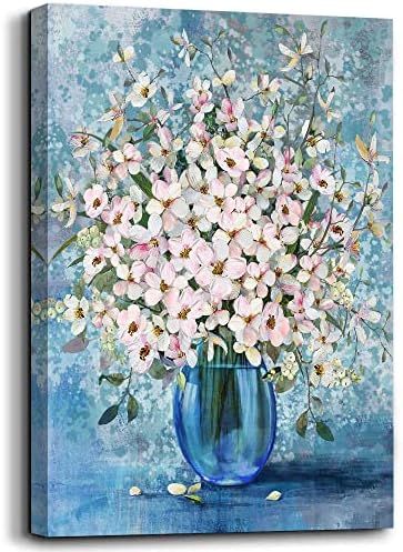 Jufahivos Bedroom Decor Wall Art Pink Flower in Blue Bottle Theme Picture Canvas Print Artwork Canva | Amazon (US)