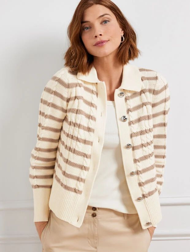 Cable Knit Collared Cardigan - Stripe | Talbots
