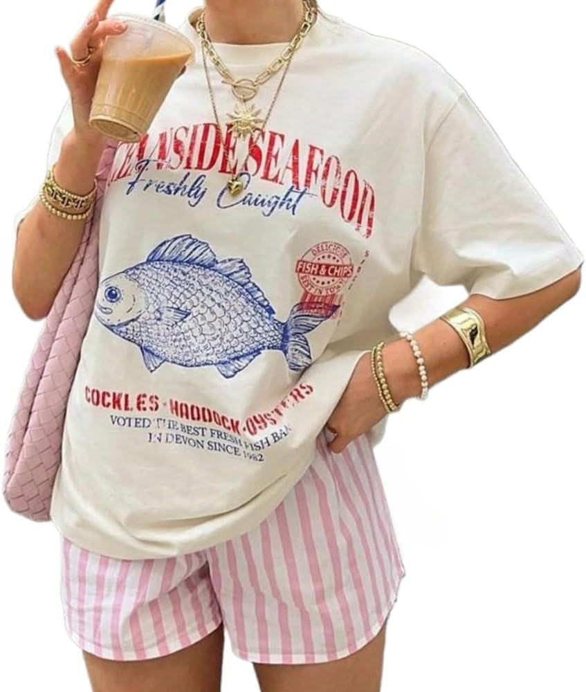 Oversized Beach Streetwear T Shirt Vintage Seafood Graphic Tees Y2k Short Sleeve Shirts Women Pre... | Amazon (US)