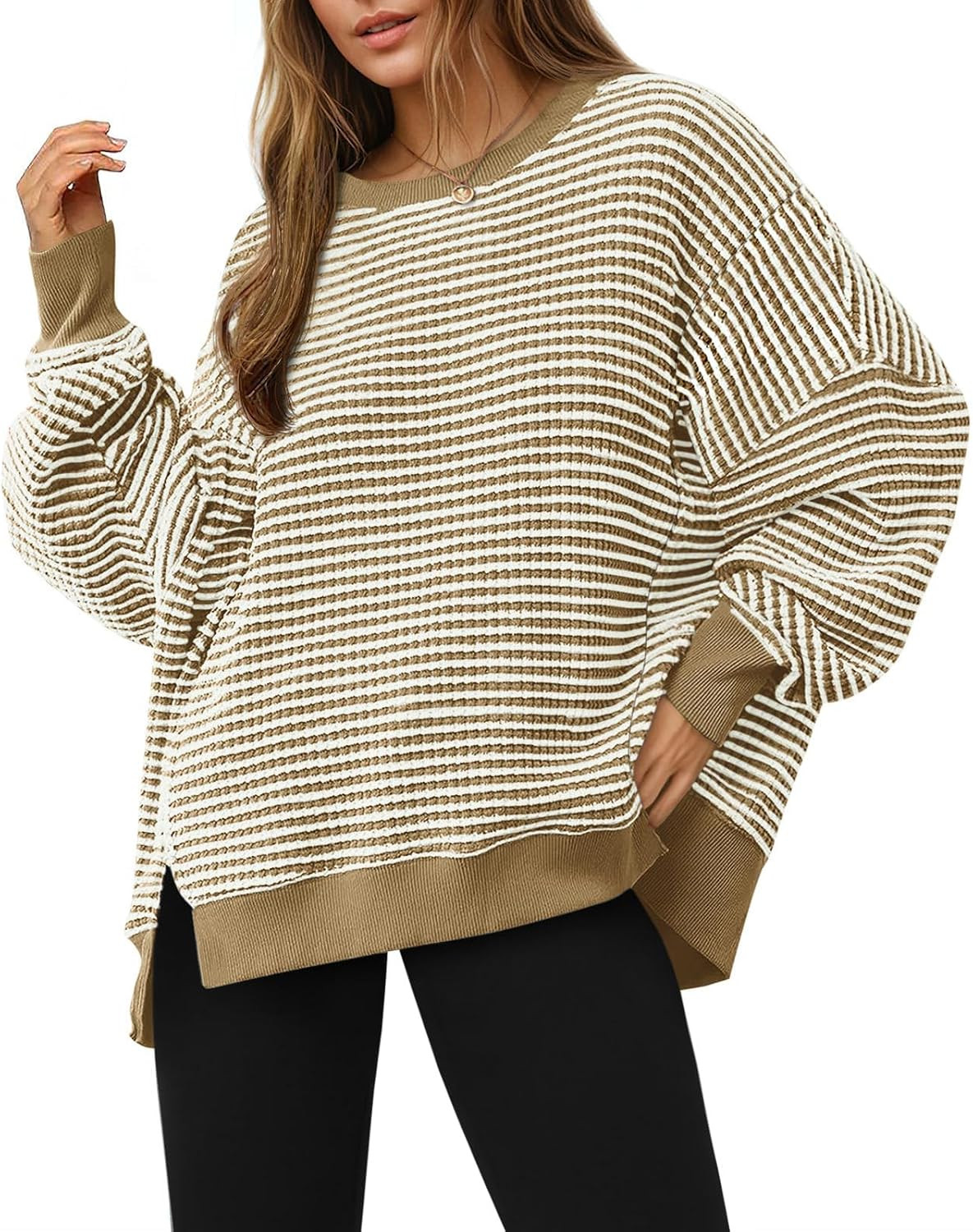 Fisoew Women's Fall Oversized Sweatshirt Casual Waffle Knit Long Sleeve Crewneck Split Pullover Tunic Tops | Amazon (US)