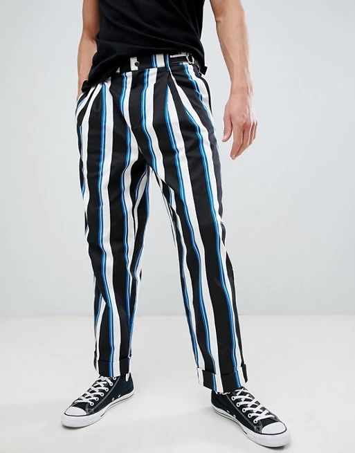 ASOS DESIGN wide balloon trousers with all over stripe in navy | ASOS UK