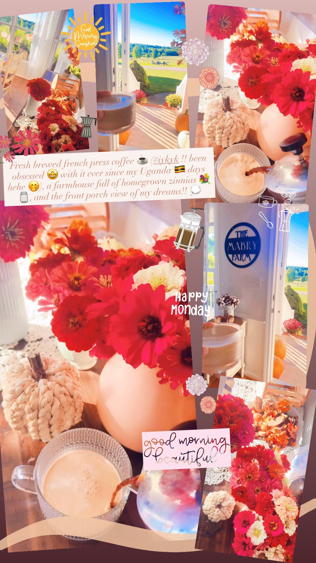 Fresh brewed french press coffee ☕️ (#iykyk !! been obsessed 🤩 with it ever since my Uganda 🇺🇬 days hehe 🤭), a farmhouse full of homegrown zinnias 💐🫙, and the front porch view of my dreams!! 💭