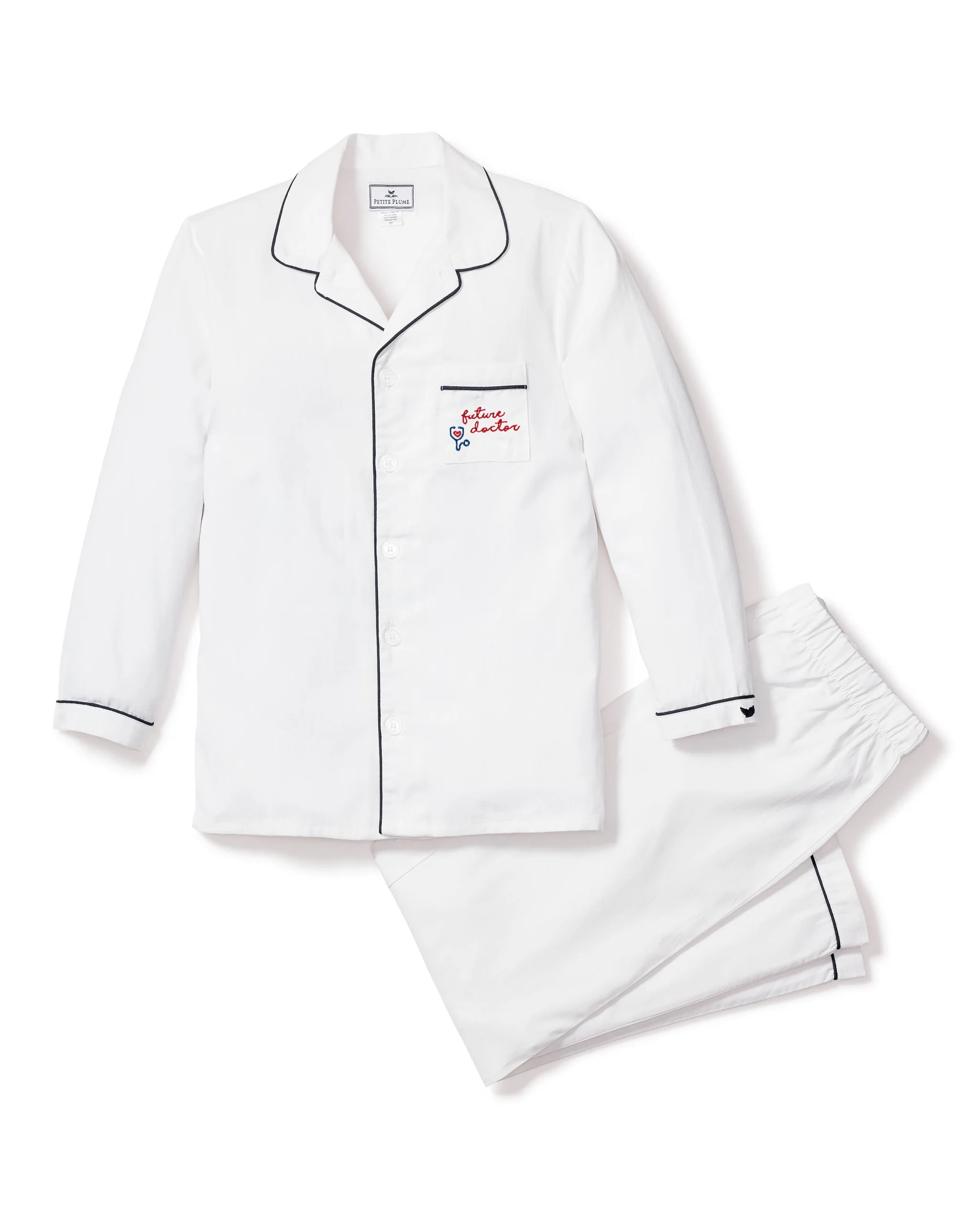 Kid's Twill Pajama Set in White with Navy Piping Future Doctor | Petite Plume