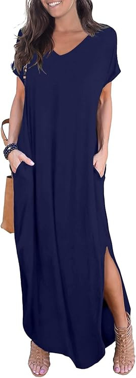 Women's Summer Maxi Dress Casual Loose V Neck Short Sleeve Side Split Long Dresses with Functiona... | Amazon (US)