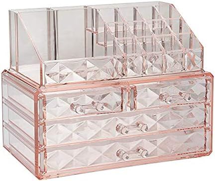 Jewelry and Cosmetic Boxes with Brush Holder - Pink Diamond Pattern Storage Display Cube Including 4 | Amazon (US)