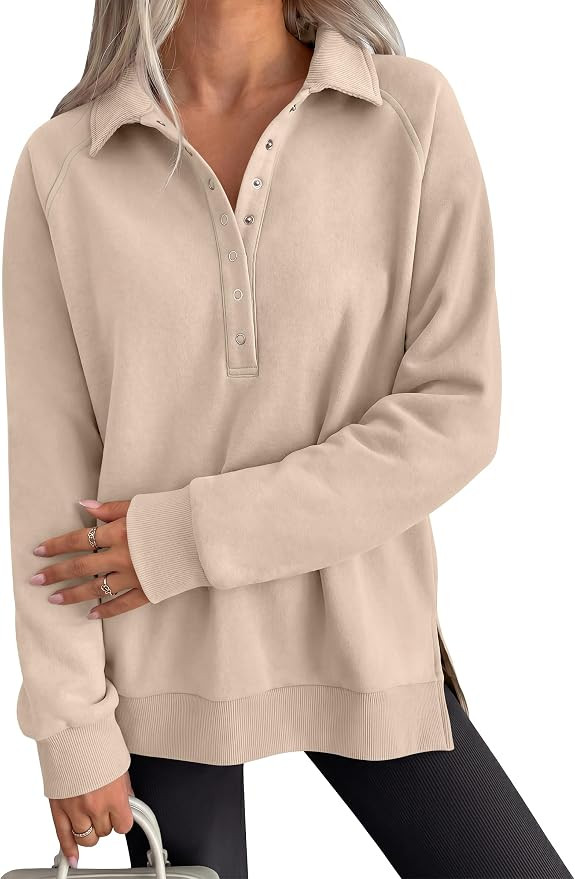 ANRABESS Women's Oversized Button Up Henley Sweatshirts | Collared V Neck Long Sleeve Shirt,Cozy ... | Amazon (US)