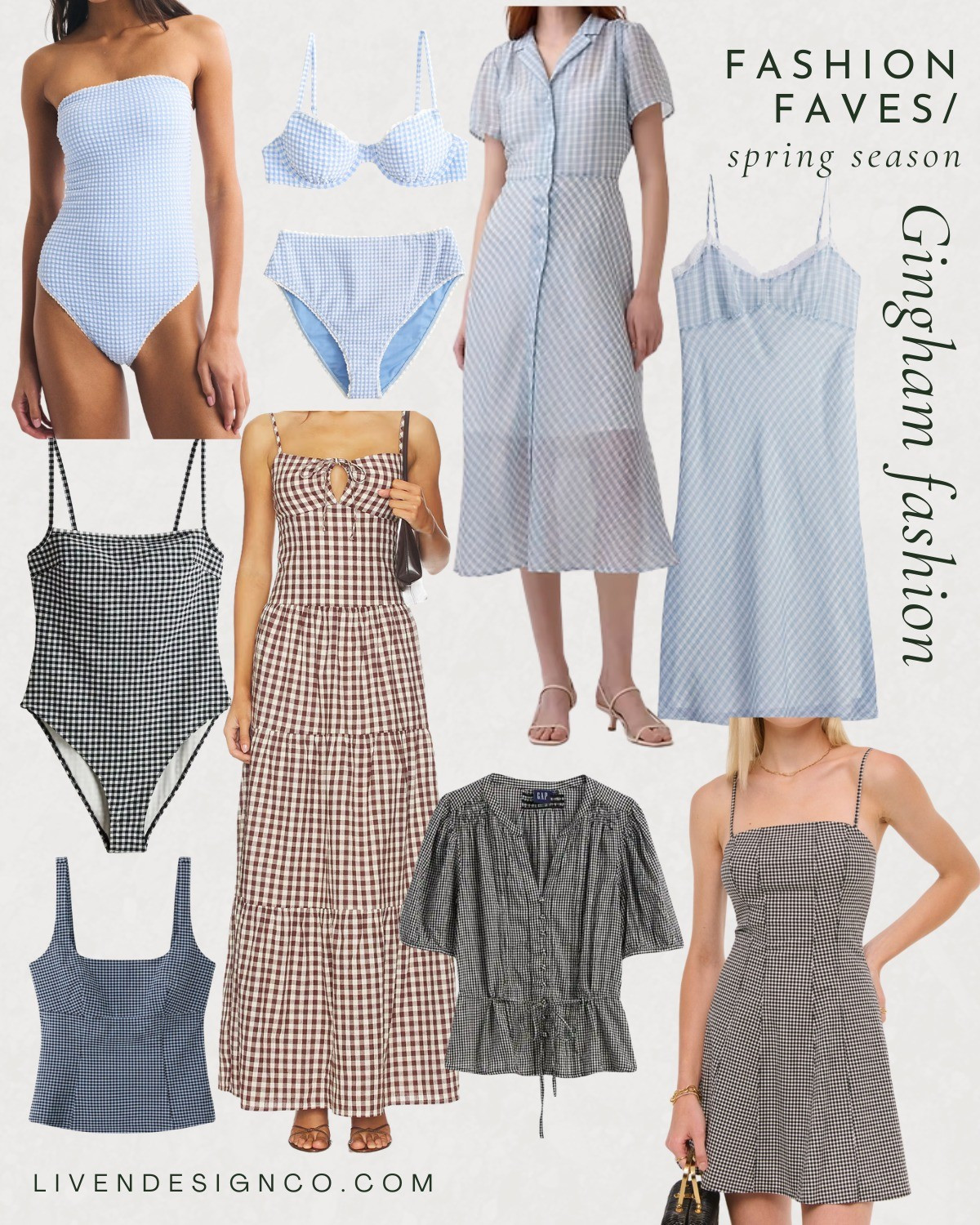 Gingham fashion. Gingham spring fashion. Style inspiration. Gingham swimsuit. Gingham dress. Midi dress. Blue and white Gingham. Crop top. Shirtdress. Brown Gingham maxi dress. 

 #LTKSeasonal #LTKSaleAlert