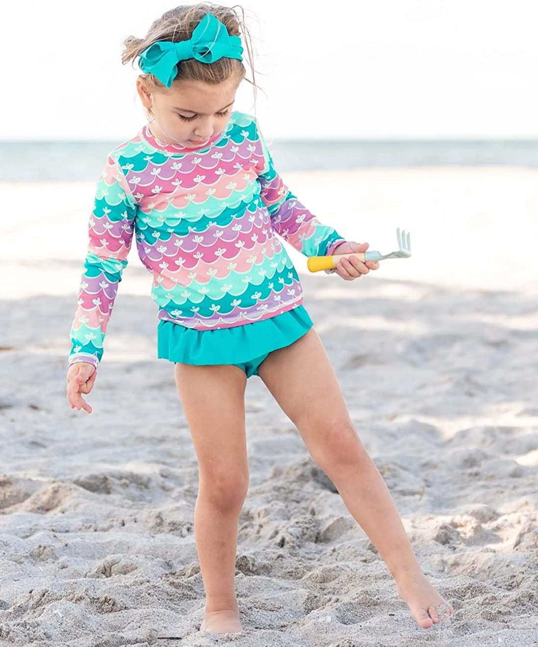 RuffleButts® Baby/Toddler Girls Rash Guard 2-Piece Swimsuit Set - Long Sleeve Bikini with UPF 50... | Amazon (US)