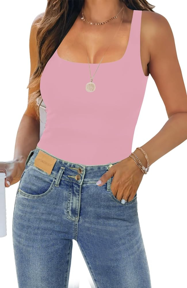 Womens Tank Tops Dressy Summer Sleeveless Shirts Sexy Square Neck Double Lined Fitted Tops T Shir... | Amazon (US)