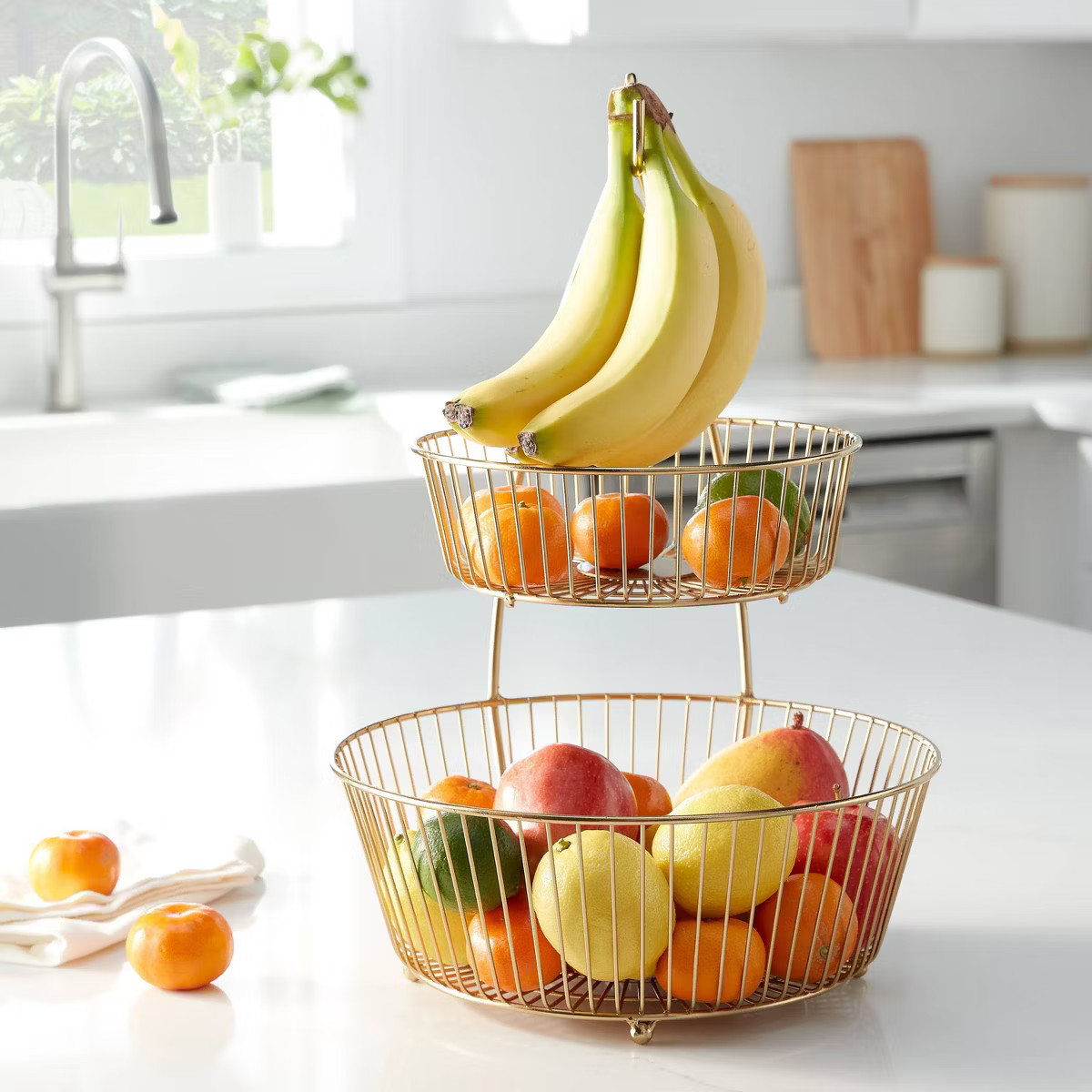 Delavan Collection Metal Wire 2-Tier Fruit Basket with Banana Hanger Gold - Threshold™: Fruit S... | Target