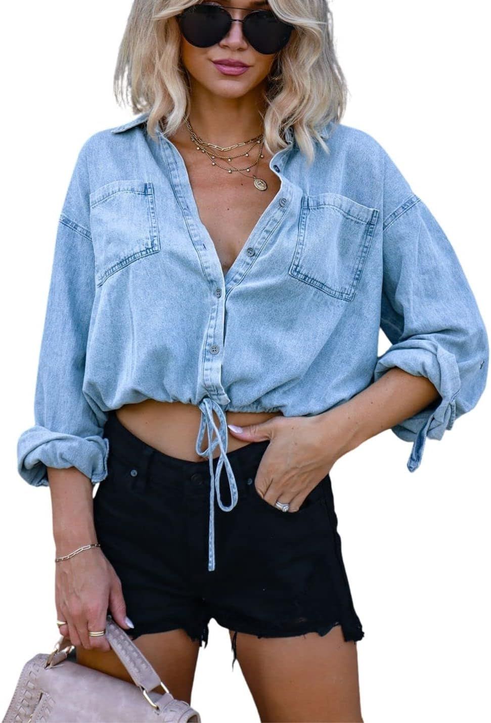 Kwoki Women's Cropped Denim Shirt Roll Up 3/4 Sleeve Casual Loose Crop Tops Drawstring Hem Button... | Amazon (US)