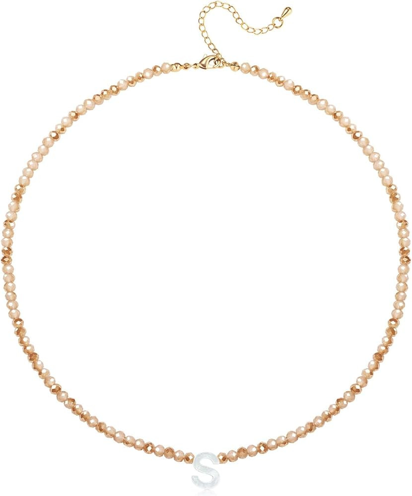 Initial Necklaces for Women Beaded Letter Choker Necklace Trendy 14K Gold Plated Shell Pendant Ne... | Amazon (US)