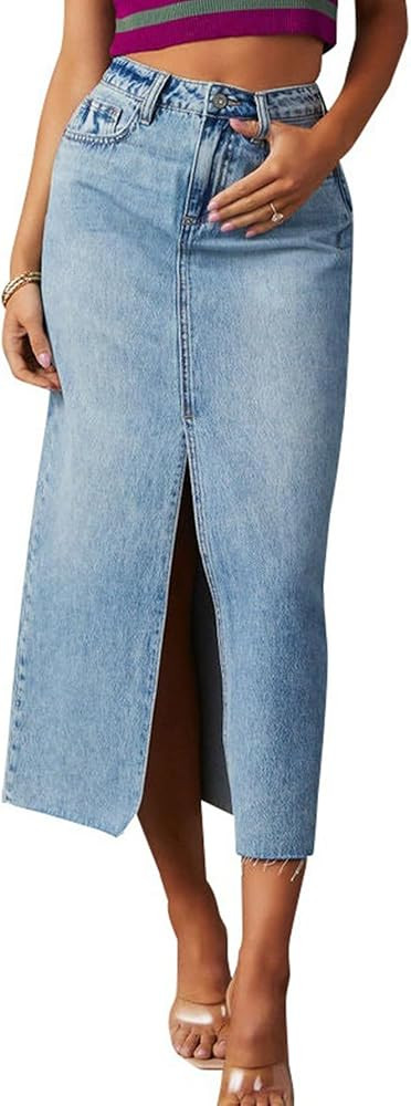 Women's High Waisted Denim Skirt Front Slit Midi A-Line Casual Long Maxi Jean Skirts with Pocket | Amazon (US)
