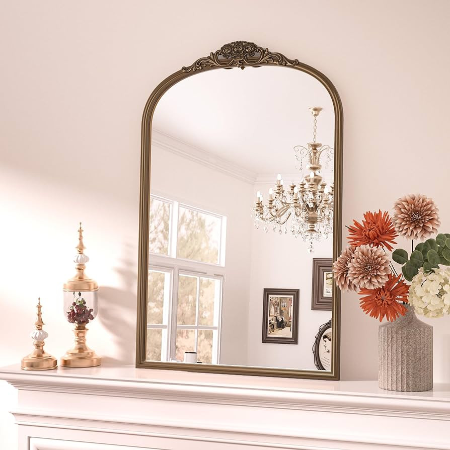 Keonjinn Vintage Arched Mirror for Wall, 20" x 30" Gold Mirror with Metal Frame, Ornate Vanity Mi... | Amazon (US)