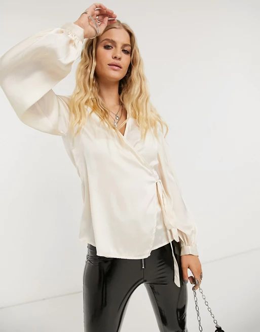 Object satin wrap blouse with volume sleeves in champagne | ASOS (Global)