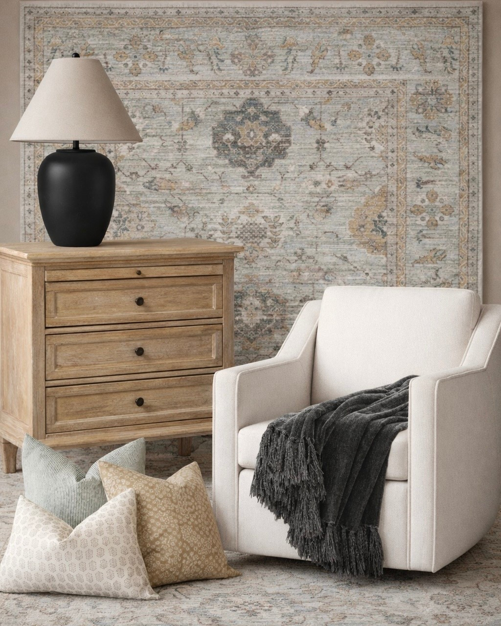 Neutral Accent Chair Styling with Patterned Pillows and Vintage-Inspired Rug

Follow @farmtotablecreations on Instagram for more home styling ideas and daily deals.

This cozy neutral setup is one of those easy styling combinations that works almost anywhere in the home. The soft upholstered accent chair paired with the vintage-inspired rug and warm wood nightstand creates a relaxed layered look, while the stacked pillows add subtle pattern and texture. I love how the black lamp grounds the space and the throw blanket keeps everything feeling warm and inviting.

Perfect pieces if you’re looking to refresh a bedroom corner, reading nook, or living room with soft neutrals and timeless textures.

#accentchair #throwpillows #vintagerug #bedroomdecor #livingroomdecor #neutraldecor #homedecorfinds #arearug #tablelamp #woodfurniture

#LTKHome #LTKSaleAlert