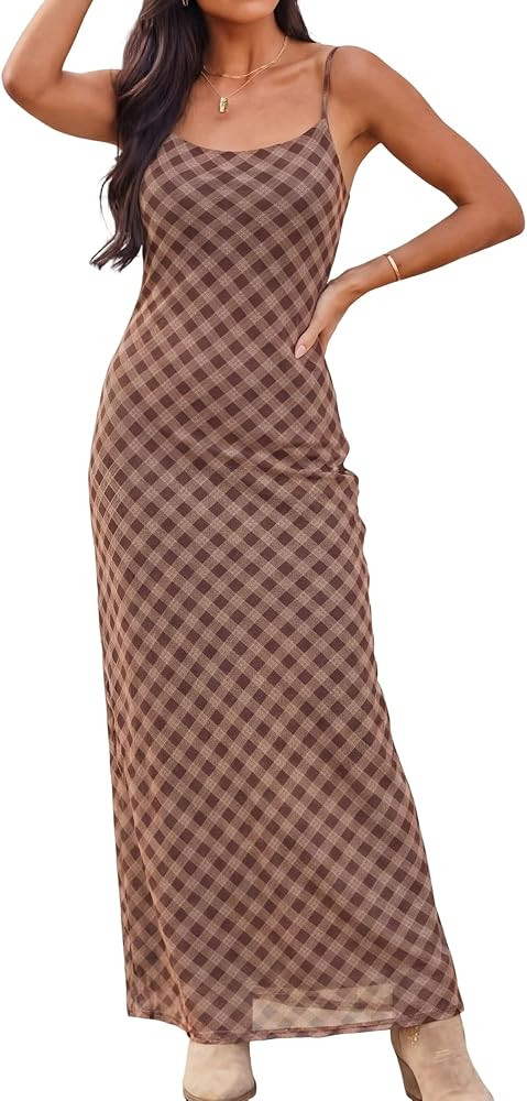 ZAFUL Womens 2026 Summer Maxi Dress Spaghetti Strap Mesh Stretch A Line Dresses Casual Beach Wedd... | Amazon (US)