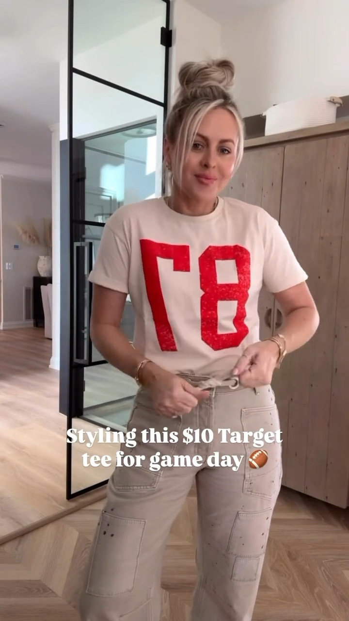 Style this $10 Target tee with me!♥️🏈 

Super Bowl style. Football outfit. Game day. Chiefs. Jeans. Sneakers. 

#LTKFindsUnder50 #LTKStyleTip #LTKParties