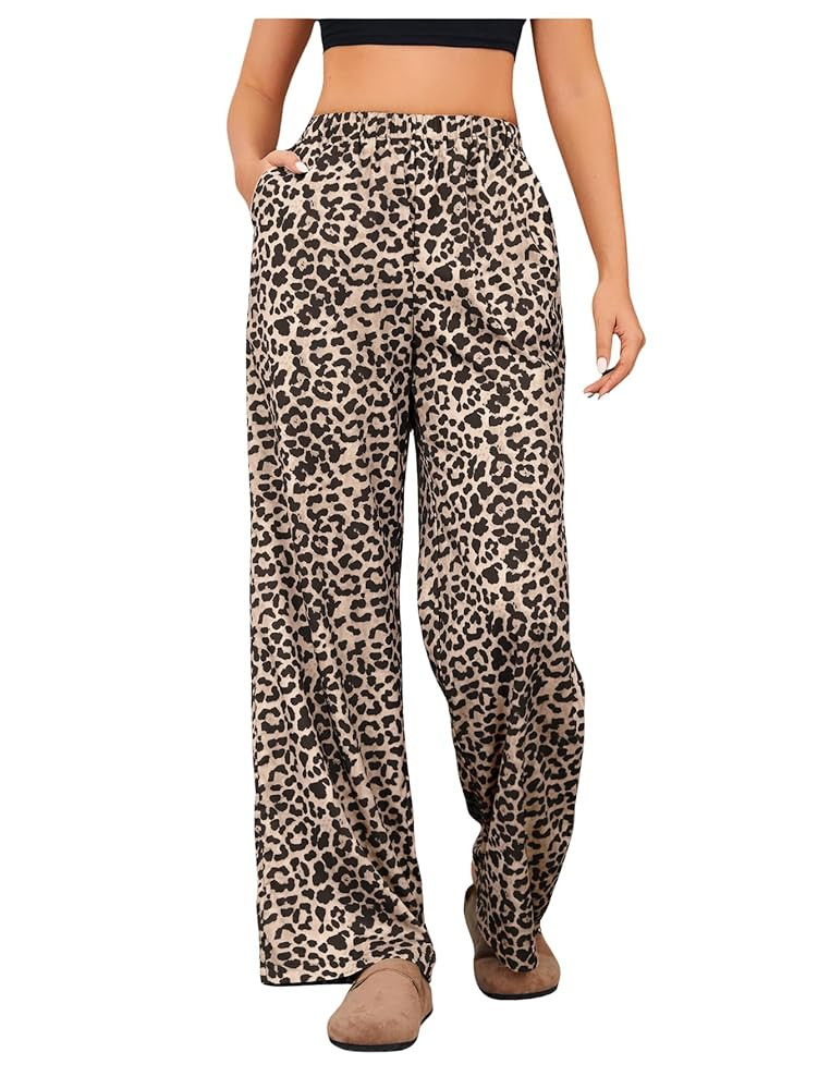 OYOANGLE Women's Leopard Print Elastic High Waist Long Pants Cheetah Printed Wide Leg Loose Trous... | Amazon (US)