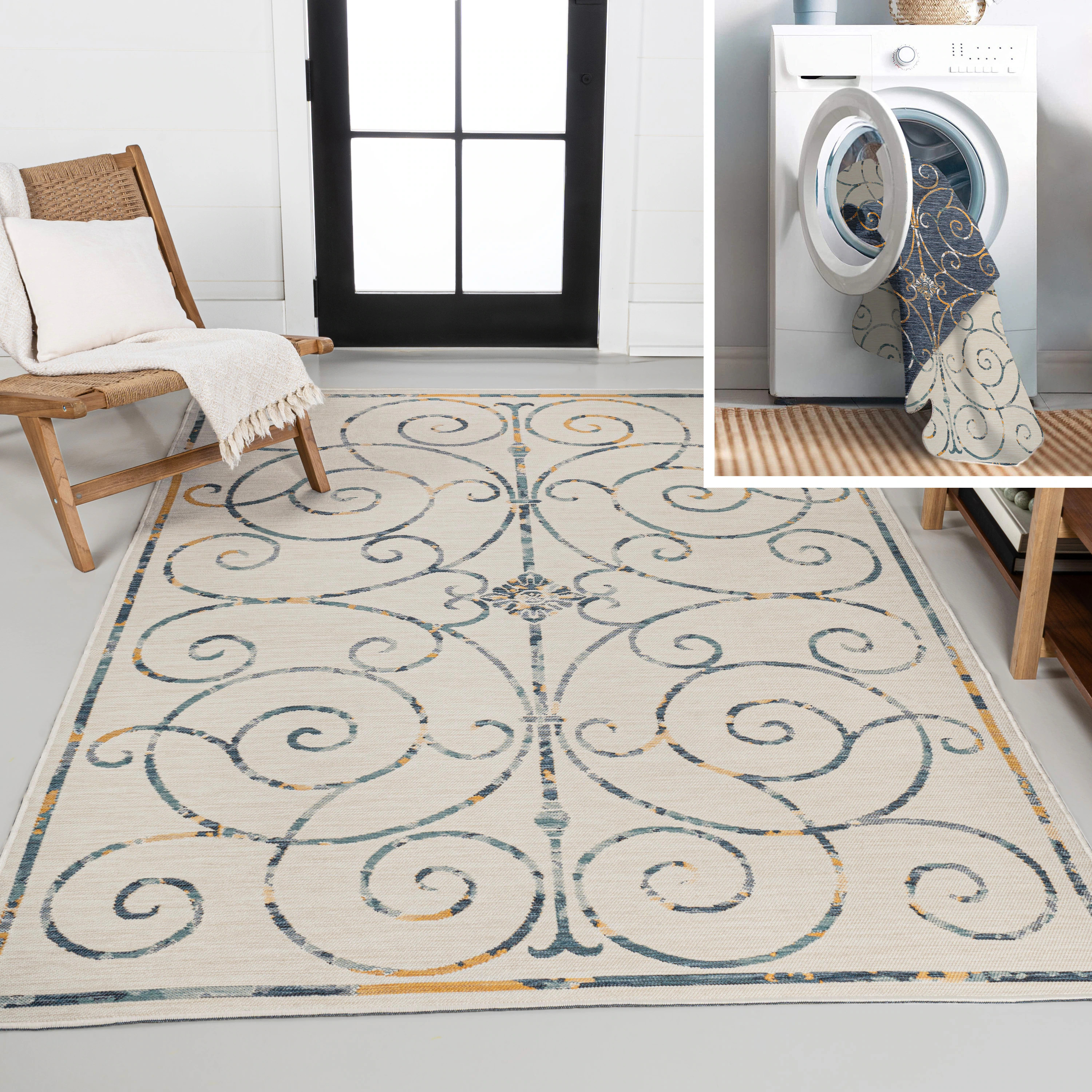 JONATHAN Y Savannah Danae Filigree Scroll Reversible 5 x 8 (ft) Loomed Polypropylene Cream/Navy R... | Lowe's