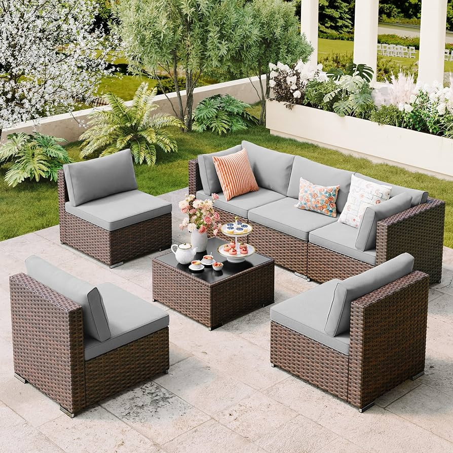 Qsun 7 Pieces Outdoor Patio Furniture Set, PE Rattan Outdoor Wicker Sectional Furniture Sofa Set,... | Amazon (US)