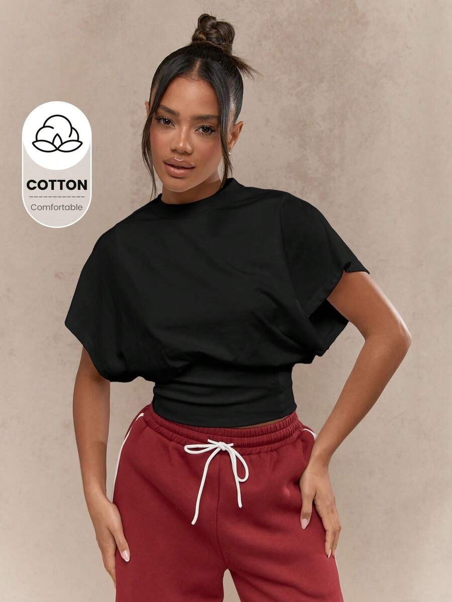 MISSGUIDED Oversized Drop Shoulder Dolman T Shirt Blouson Crop Waist Mock Neck Fashion Casual Sum... | SHEIN