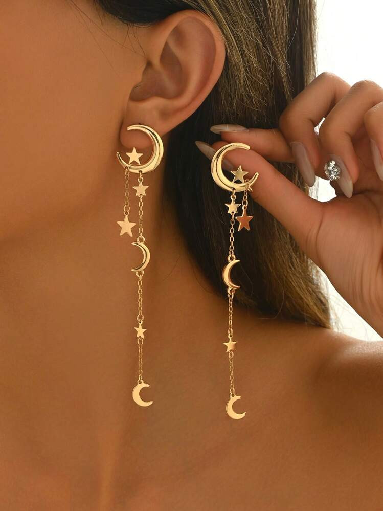 1 Pair New Creative Crescent Moon & Star Tassel Dangle Earrings, Suitable For Festival, Daily Wea... | SHEIN