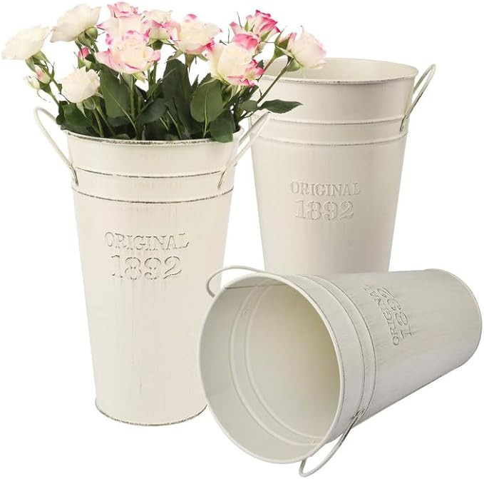 3 PCS 12 Inch Rustic Galvanized Flower Vases, Farmhouse French Buckets for Beautiful Floral Arran... | Amazon (US)