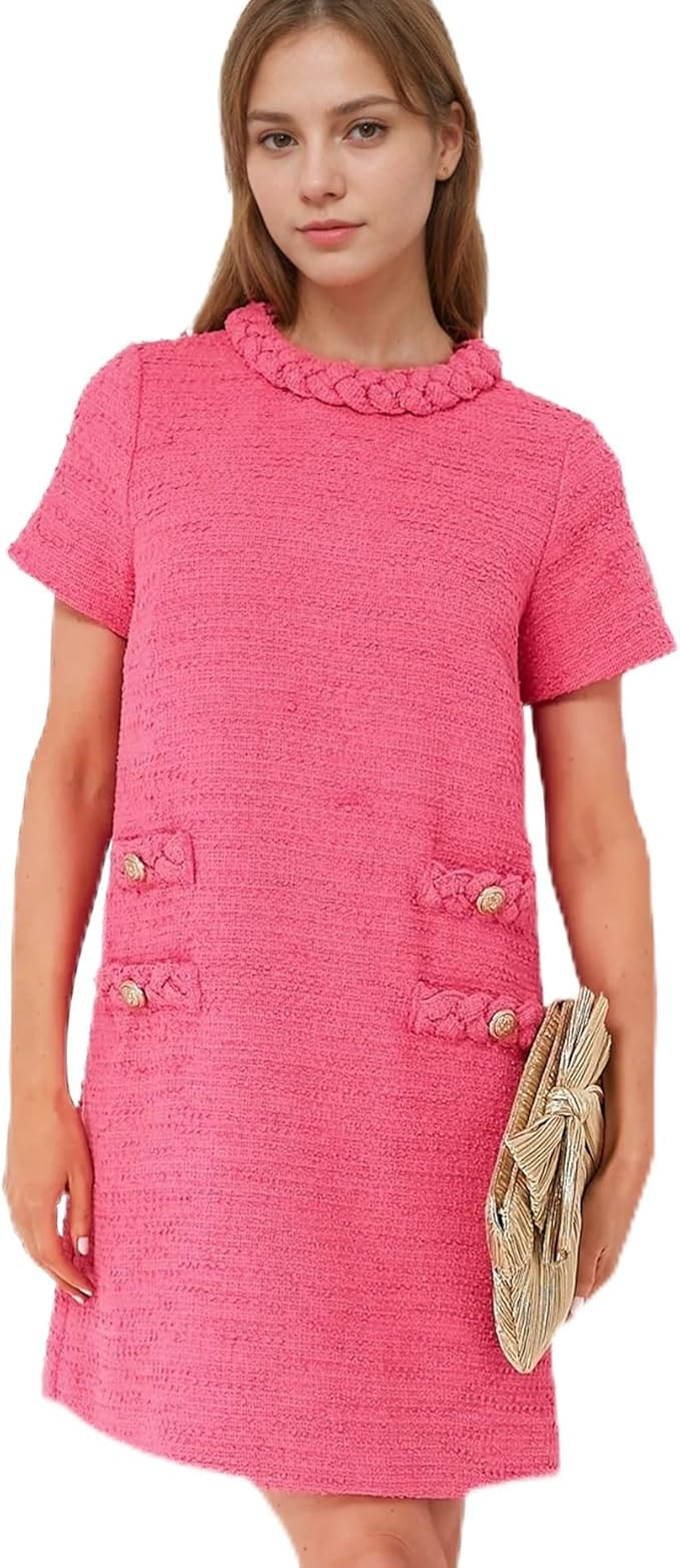 Laosiros Women's Tweed Jackie Dress Casual Short Sleeves Business Party Vintage Work Mini Dress | Amazon (US)
