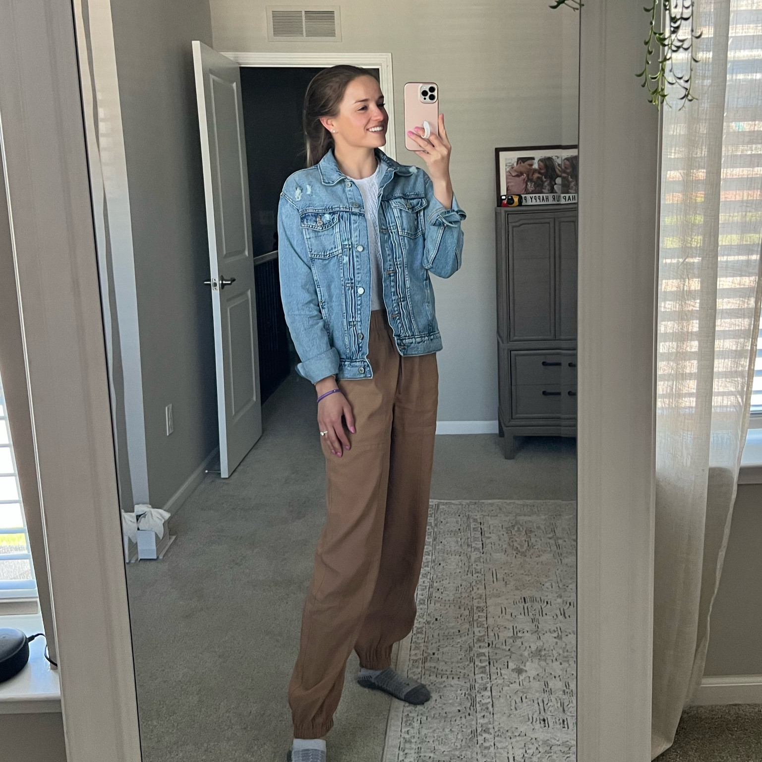 size M tall Jean jacket
size small shirt & joggers (joggers run VERY oversized — this is normal length and I’m 5-9) 

#LTKFindsUnder50 #LTKWorkwear #LTKFindsUnder100