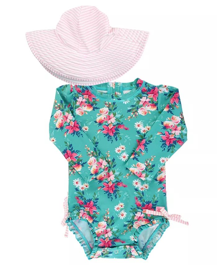 Baby Girls Ruffle One Piece Rash Guard Swim Hat Set UPF 50 | Macy's