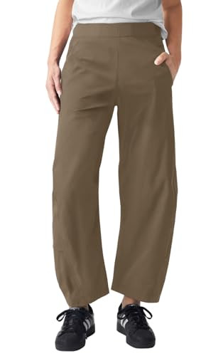 EGOCKAL Womens Elastic Waist Ankle Pants Baggy Curved Tapered Leg Barrel Travel Pants with Pockets Coffee | Amazon (US)