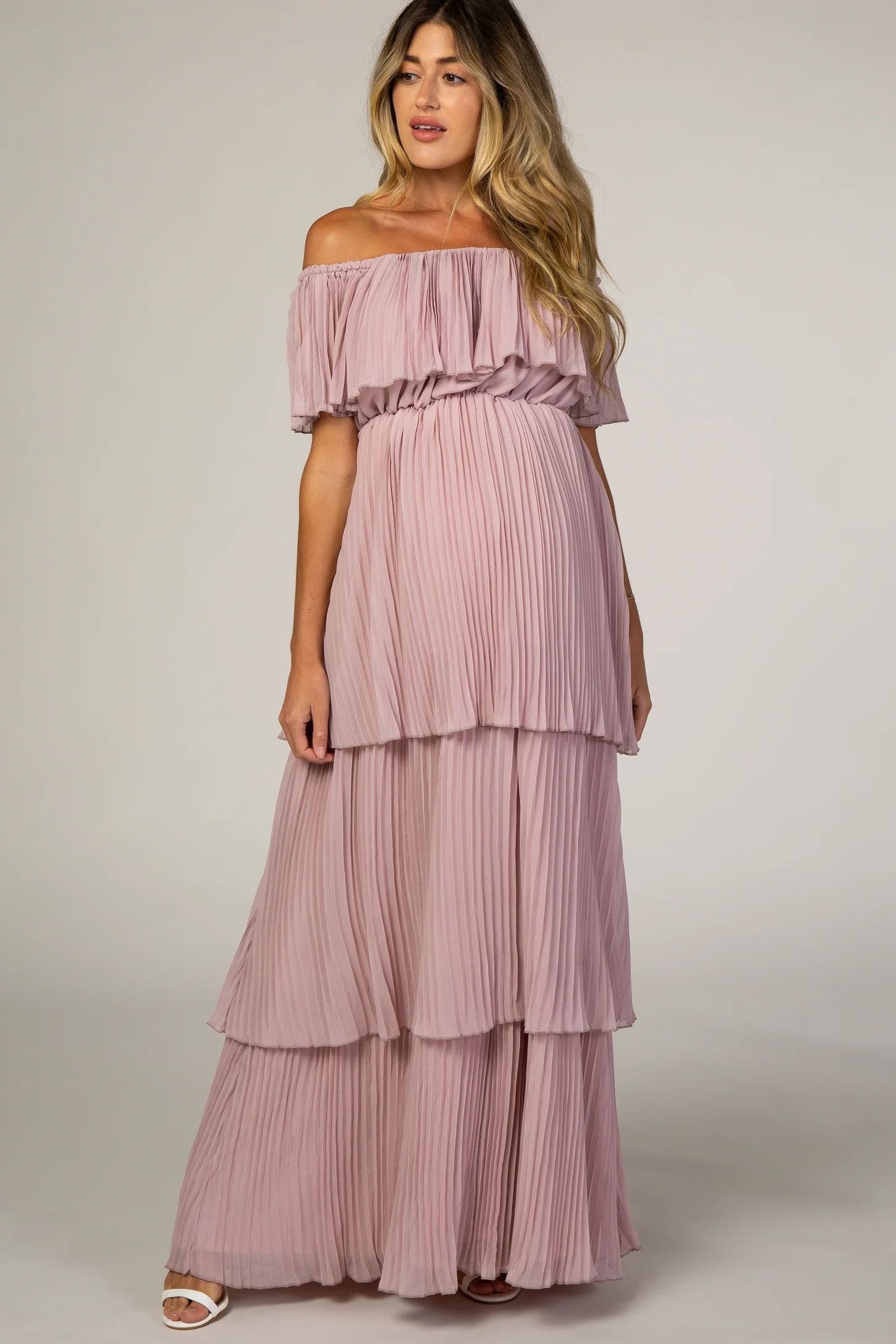 Mauve Pleated Ruffle Tiered Maternity Maxi Dress | PinkBlush Maternity