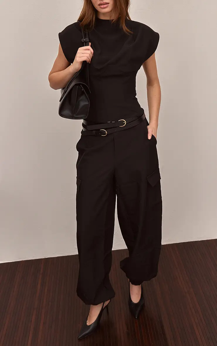 Black Woven Elasticated Hem Cargos | PrettyLittleThing UK