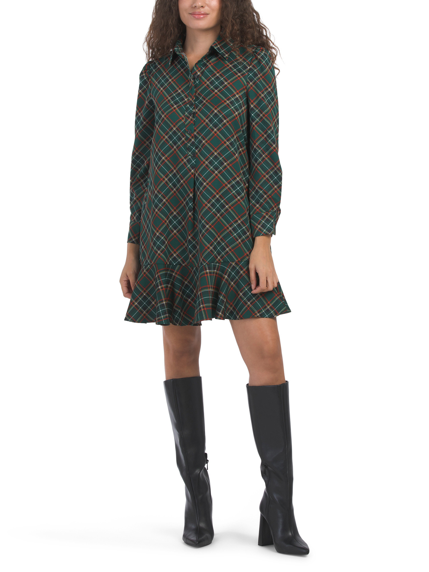 Plaid Collared Flounce Hem Mini Shirt Dress | TJ Maxx