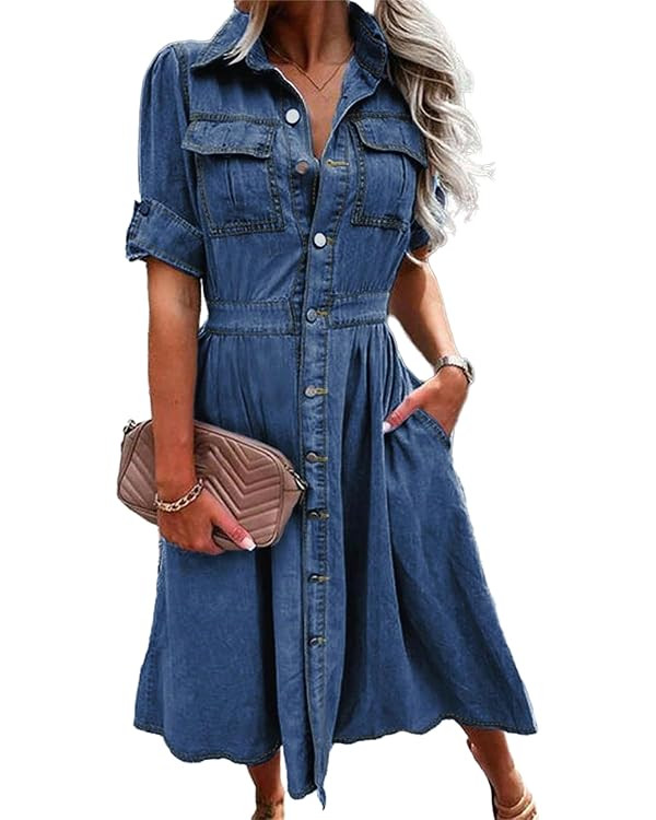 Women Denim Shirt Dress V Neck Short Sleeve Long Bottom Down A-Line Jeans Dresses with Pockets | Amazon (US)