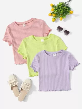 SHEIN Kids EVRYDAY Girls 3pcs Lettuce Trim Rib-knit Tee | SHEIN
