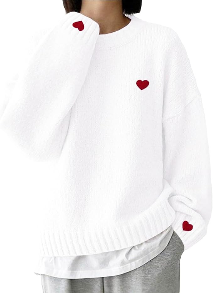 Women's Round Neck Drop Shoulder Long Sleeve Loose Pullover Heart Embroidery Chunky Knit Sweater | Amazon (US)