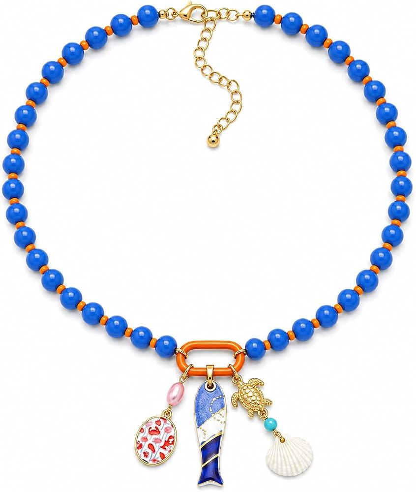 LIU JUN Colorful Beaded Necklace for Women, Chunky Boho Fish Starfish Conch Pendant Acrylic Bead ... | Amazon (US)