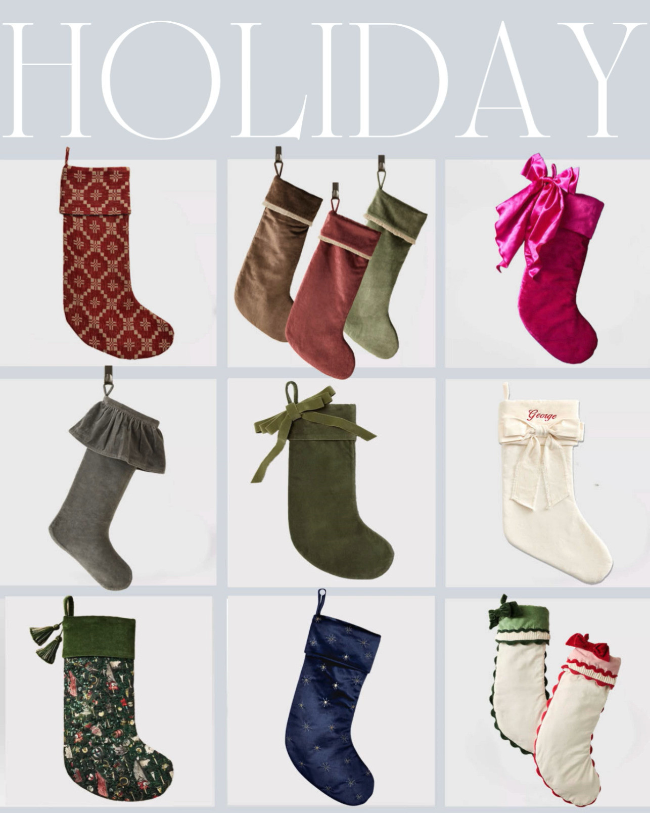 Add a cozy touch to your holiday home with these beautiful stockings. Tap to see more.
Brandis green velvet stocking, red velvet stocking, gray Mauree velvet stocking, classic white velvet bow stockings, cream velvet bow stocking, navy velvet stocking, printed green stocking, red Jude stocking, Annabelle stocking  

 #LTKHoliday #LTKSeasonal #LTKHome