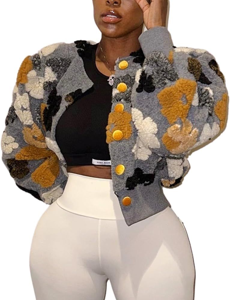 Yimoon Women’s Cropped Fleece Jacket Floral Print Puff Sleeve Varsity Bomber Coat Button Down F... | Amazon (US)