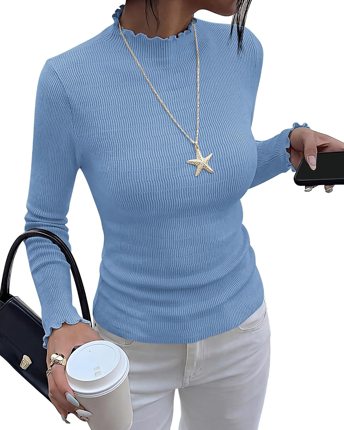 BTFBM Long Sleeve T Shirts for Women Ruffle Mock Neck Tops | Amazon (US)