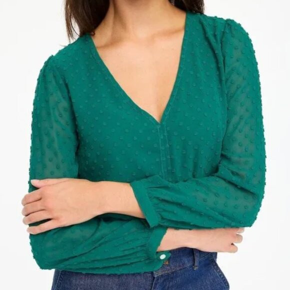J.Crew Academic Green V-Neck Clip Dot Long Sleeve Blouse/NWT/M | Poshmark